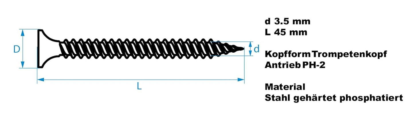 Design61 Schnellbauschrauben Magazin Rigipsschrauben Feingewinde Trompetenkopf PH-2 Kreuzschlitz Gehärteter Stahl Phosphatiert Schwarz Gipsplattenschrauben (3,5 x 45 mm, 200, stück)