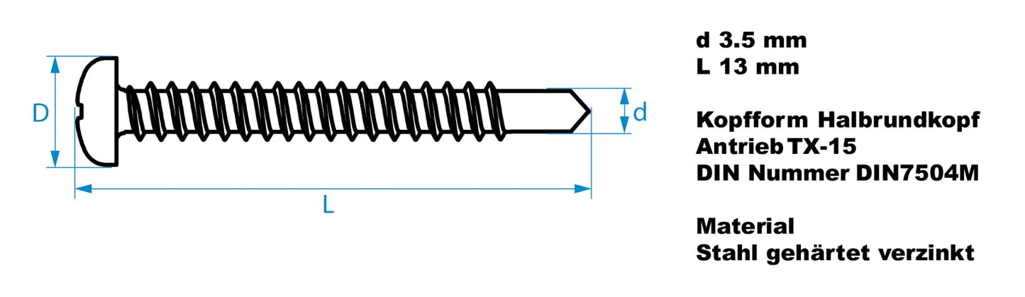 Design61 Selbstbohrende Schrauben Halbrundkopf Stahl Gehärtet Verzinkt Rostbeständig für Holz und Metallbau Selbstschneidende TX-15 Schrauben (3,5 x 13 mm, 200, stück)