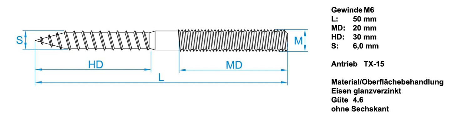 Design61 10x Stockschraube M6 x 50 mm Doppelgewindeschraube Schraubstifte mit Holzgewinde & Metrischem Gewinde TX15 Stahl Verzinkt Verbindungsschraube für Holz Metall Dübelmontage