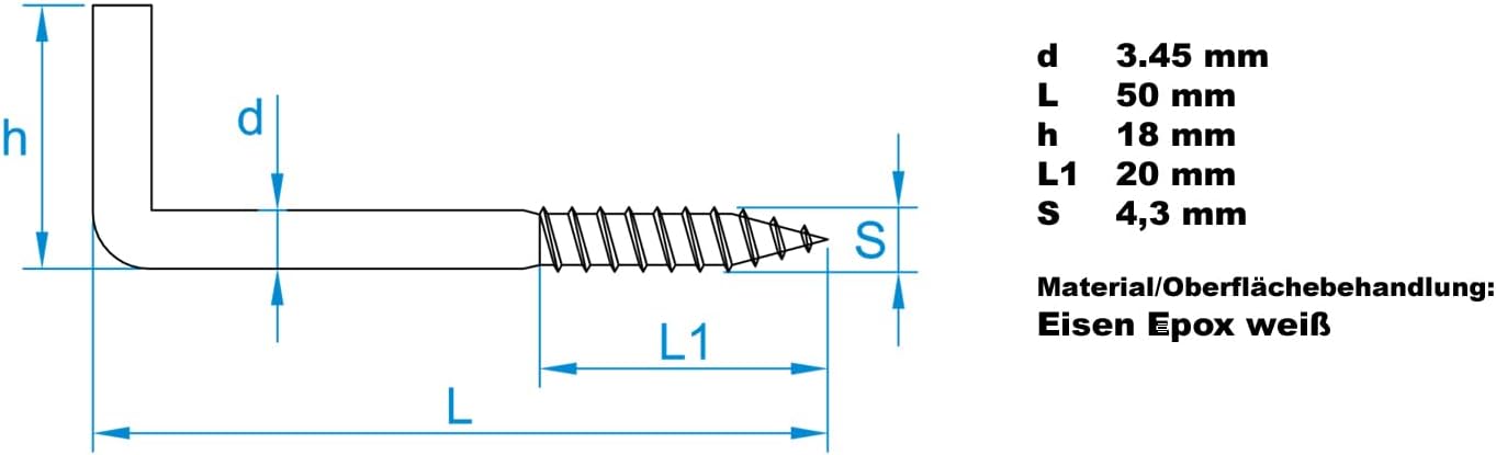 Design61 Schraubhaken Weiß Gerade Hakenschraube Wandhaken Drehhaken mit Gewinde Haken zum Einschrauben für Wand & Decke Verzinkt Befestigung für Seile Ketten Lampen Pflanzen (50 x 3,45 mm, 10, stück)