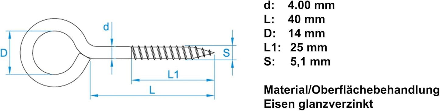 Design61 10x Ringschrauben Ösenschraube mit Holzgewinde Schraubhaken Wandhaken Verzinkt für Wand & Decke Haken zur Befestigung von Seilen Ketten Pflanzen Lampen (61 x 4 mm, 10, stück)