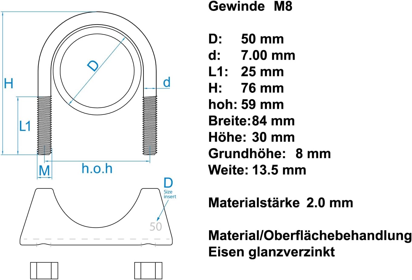 Design61 2 Stück Runde Rohrschelle M8 x 50 mm Bügelschelle Bügelschraube Auspuffschelle U-Bolzen U Bügel mit Muttern Verzinkter Stahl Robust Korrosionsbeständig für Rohrverbindungen