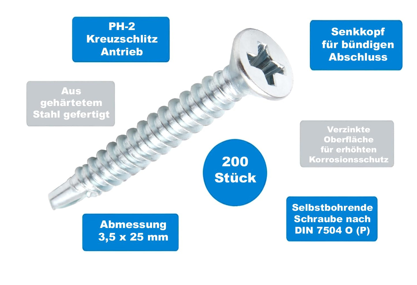 Design61 200 Stück Selbstbohrende Schrauben Senkkopf PH2 Kreuzschlitz 3,5 x 25 mm Stahl Gehärtet Verzinkt Rostbeständig für Holz und Metallbau Selbstschneidende Schrauben DIN7504 O