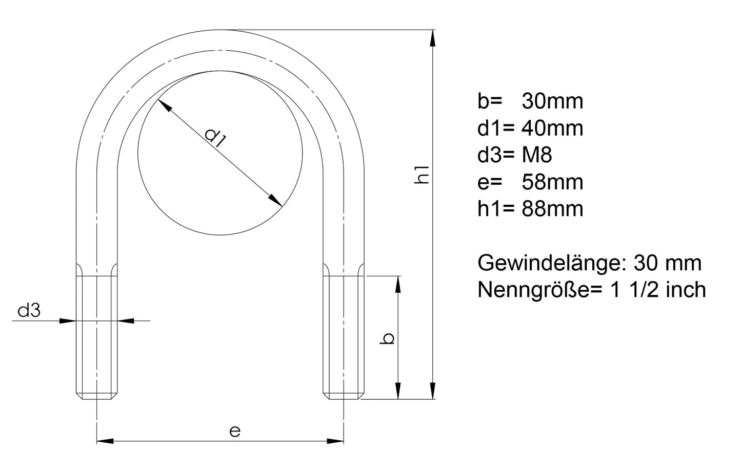Design61 4x Bügelschraube M8 x 88mm x Ø 40mm Bügelbolzen Gewindebügel Galvanisch Verzinkt U-Bolzen