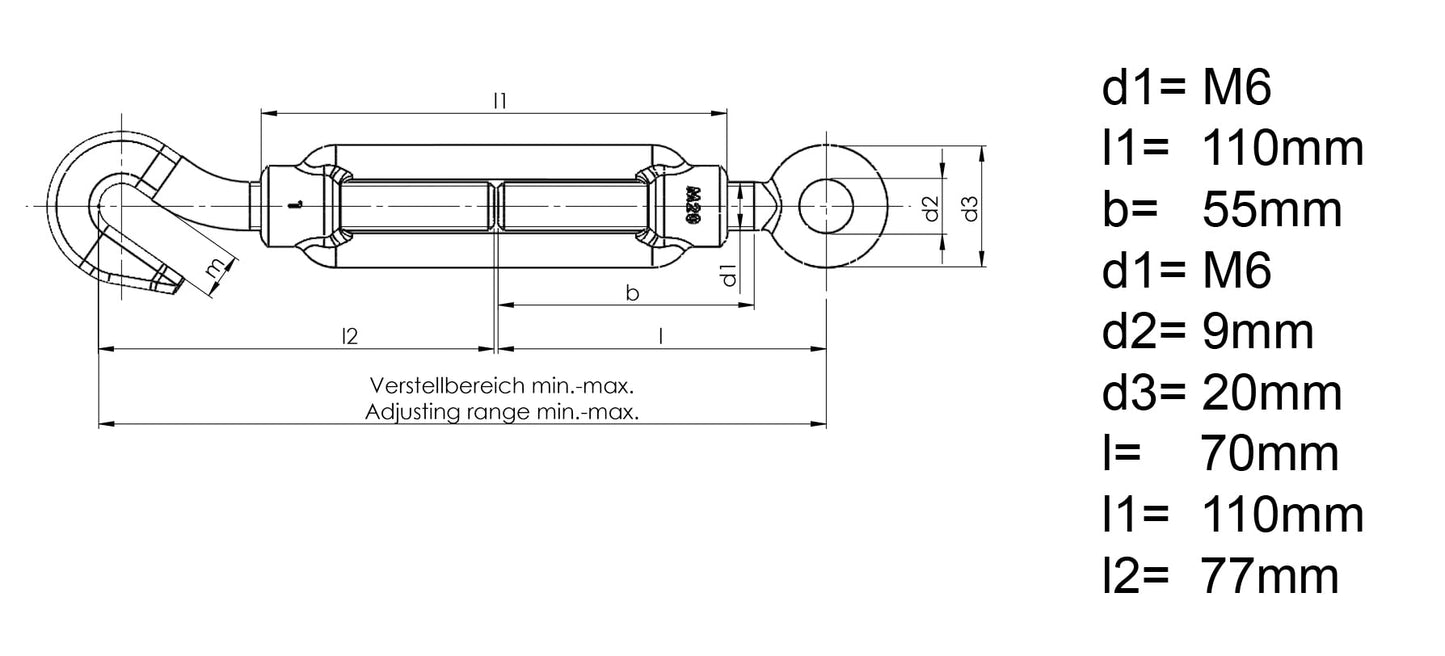 Design61 2er Set Spannschlösser M6 x 110mm Drahtspanner Haken/Öse Spannhaken für Drahtzäune Wäscheleine Sonnensegel Seil