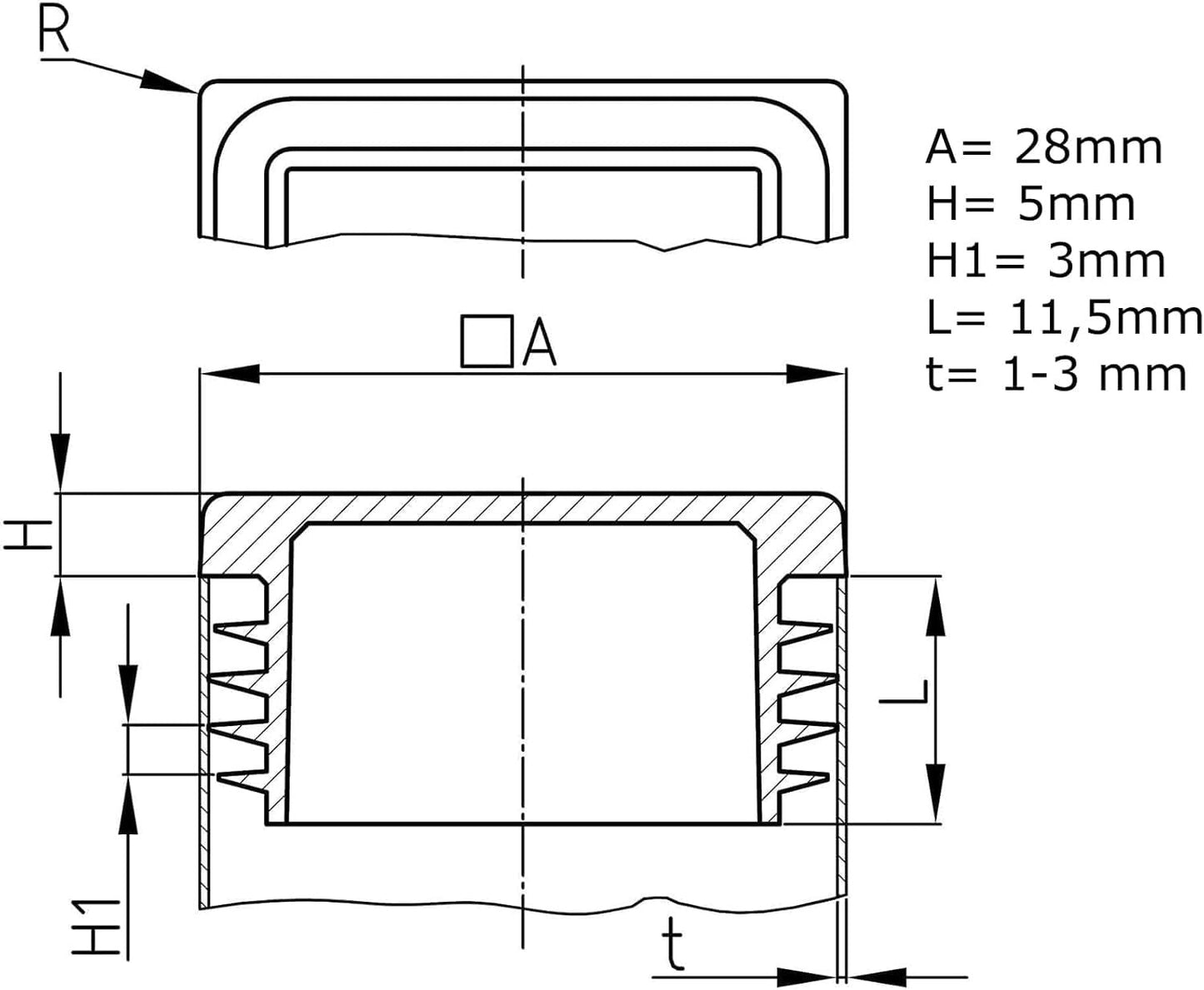 Design61 4X Vierkant Rohrstopfen Lamellenstopfen 28x28 mm mit Lamellen für Wandstärke 1-3 mm