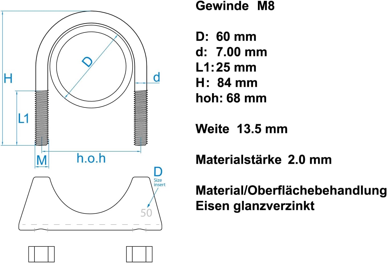 Design61 2 Stück Runde Rohrschelle M8 x 60 mm Bügelschelle Bügelschraube Auspuffschelle U-Bolzen U Bügel mit Muttern Verzinkter Stahl Robust Korrosionsbeständig für Rohrverbindungen
