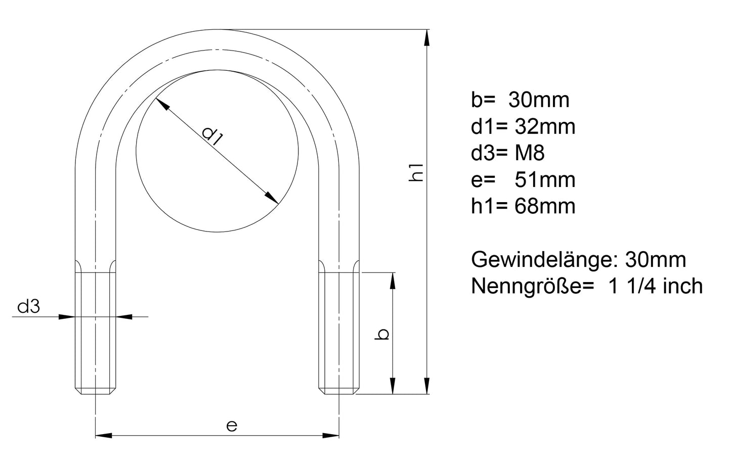 Design61 4x Bügelschraube M8 x 68mm x Ø 32 mm Bügelbolzen Gewindebügel Galvanisch Verzinkt U-Bolzen