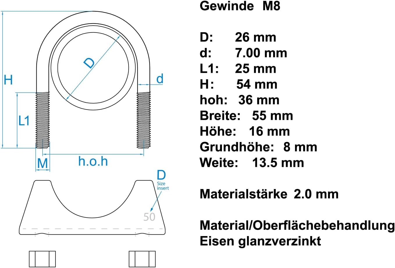 Design61 2 Stück Runde Rohrschelle M8 x 26 mm Bügelschelle Bügelschraube Auspuffschelle U-Bolzen U Bügel mit Muttern Verzinkter Stahl Robust Korrosionsbeständig für Rohrverbindungen