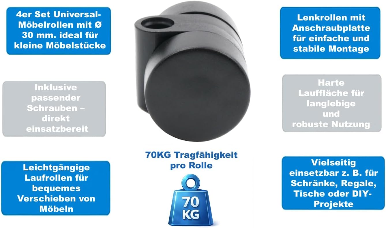 Design61 4er Set Universal Möbelrolle Ø 30mm Lenkrolle Laufrolle Rollen mit Hülse + Stift