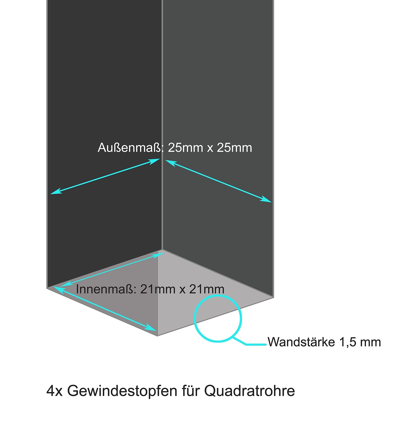Design61 4x Gewindestopfen Justierstopfen für Quadratrohre aus Zink-Druckguss 25x25 mm x 1,5 mm mit M10 Innengewinde