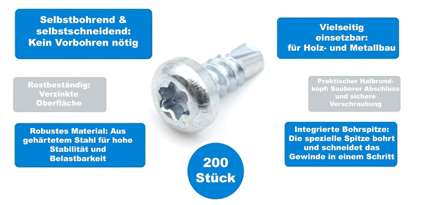 Design61 Selbstbohrende Schrauben Halbrundkopf Stahl Gehärtet Verzinkt Rostbeständig für Holz und Metallbau Selbstschneidende TX-15 Schrauben (3,5 x 9,5 mm, 200, stück)