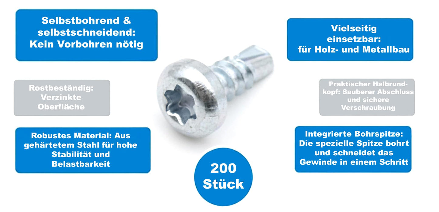 Design61 Selbstbohrende Schrauben Halbrundkopf Stahl Gehärtet Verzinkt Rostbeständig für Holz und Metallbau Selbstschneidende TX-15 Schrauben (3,5 x 13 mm, 200, stück)