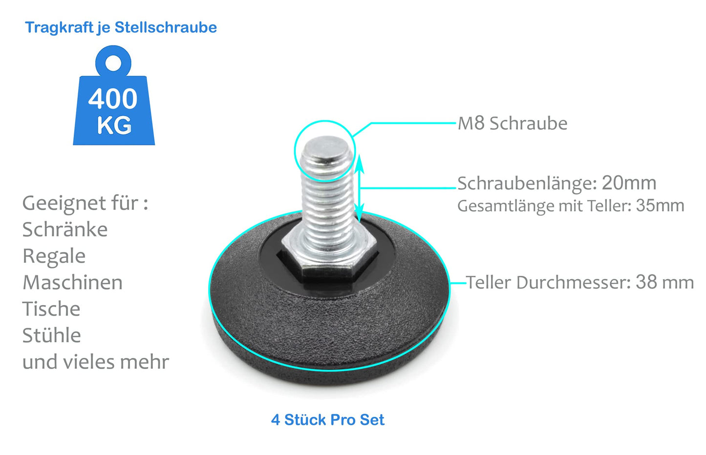 Vis de réglage Design61 4X Ø 38 mm avec vis de réglage galvanisée M8 x 20 mm (base rotative)