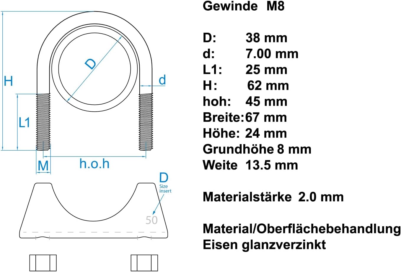 Design61 2 Stück Runde Rohrschelle M8 x 38 mm Bügelschelle Bügelschraube Auspuffschelle U-Bolzen U Bügel mit Muttern Verzinkter Stahl Robust Korrosionsbeständig für Rohrverbindungen