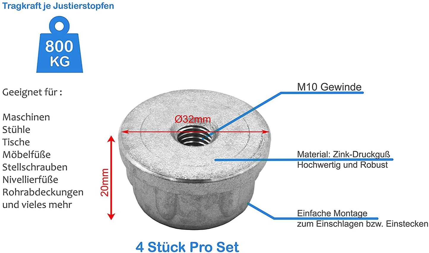Design61 4X Gewindestopfen Justierstopfen für Rundrohre aus Zink-Druckguss Ø 32 mm x 1,5 mm mit M10x18 Innengewinde