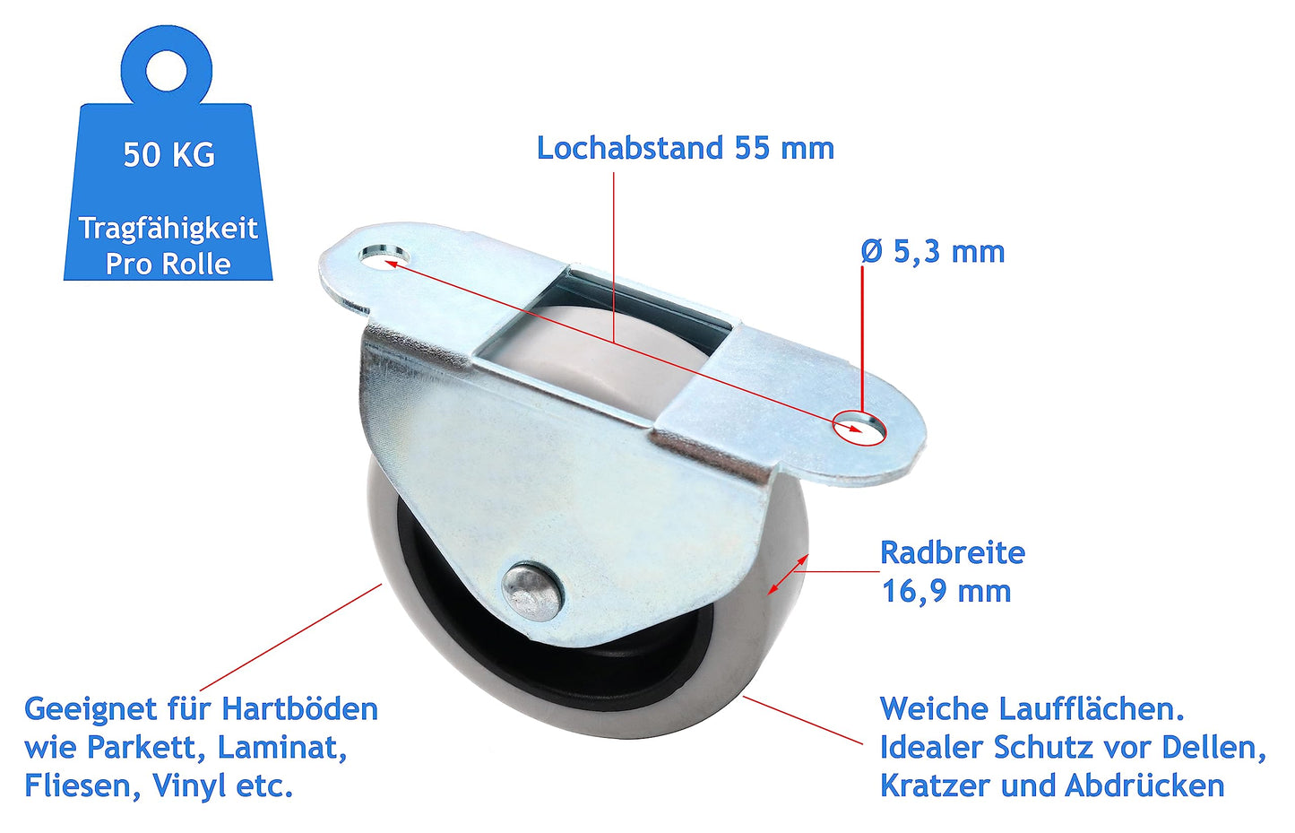 Design61 4x Kastenbockrolle Bettkastenrolle Möbelrolle 50x17 mm mit weicher Lauffläche