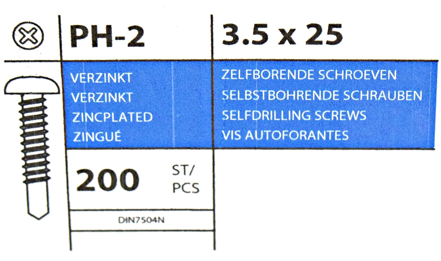 Design61 200 Stück Selbstbohrende Schrauben Halbrundkopf PH2 Kreuzschlitz 3,5 x 25 mm Stahl Gehärtet Verzinkt Rostbeständig für Holz und Metallbau Selbstschneidende Schrauben