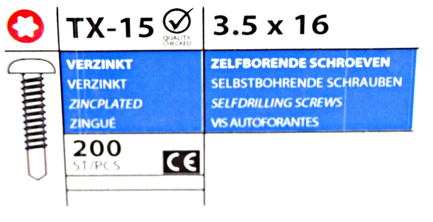 Design61 200 Stück Selbstbohrende Schrauben Halbrundkopf 3,5 x 16 mm Stahl Gehärtet Verzinkt Rostbeständig für Holz und Metallbau Selbstschneidende TX-15 Schrauben