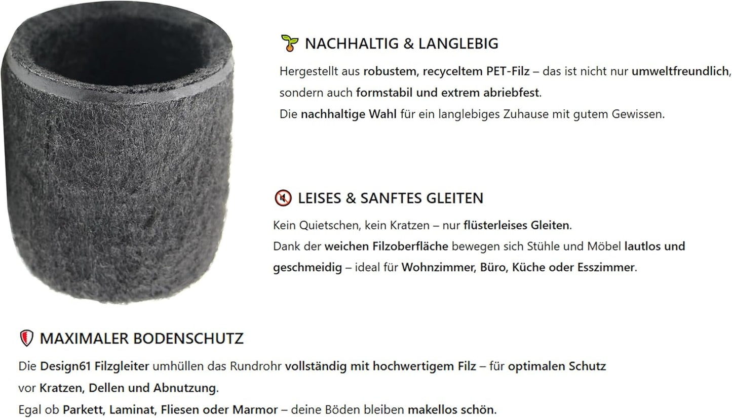 Design61 Filzgleiter 4er Set Ø14mm | Leises Gleiten & Bodenschutz | Filzkappen aus PET-Filz für Rundrohrstühle, Parkett & Laminat