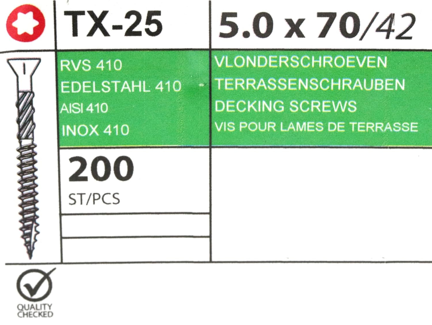 Design61 Terrassenschrauben 5x70 mm Edelstahl TX25 Edelstahlschrauben Holz Dielenschraube Rostfrei mit Cutspitze Reibteil Fräsrippen Ideal für Terrassendielen & Außenbau 200 Stück