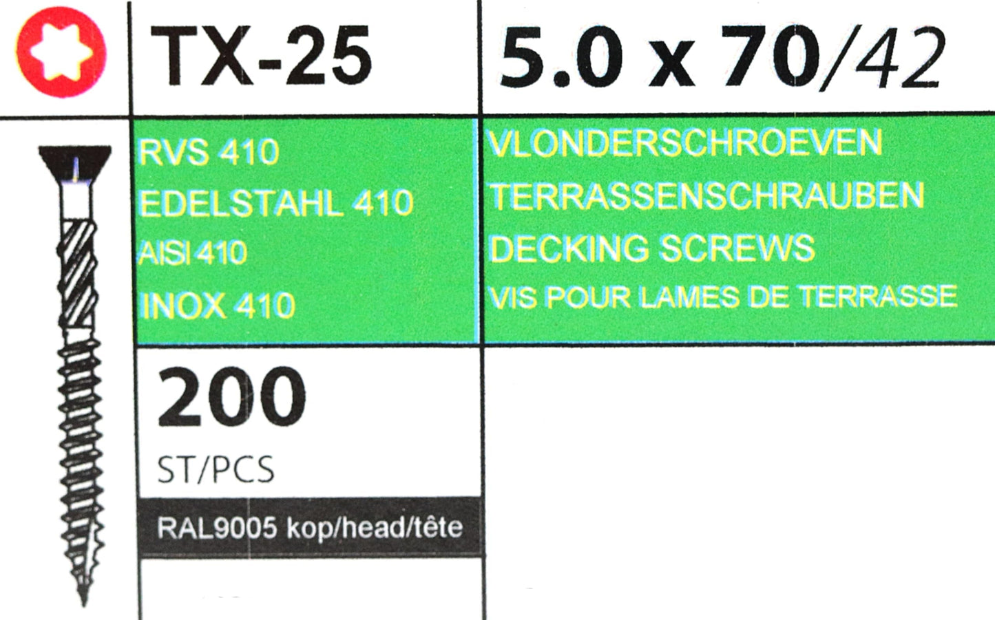 Design61 Terrassenschrauben Edelstahl TX25 Edelstahlschrauben Holz Dielenschraube Rostfrei mit Cutspitze Reibteil Fräsrippen Ideal für Terrassendielen & Außenbau (5 x 70 mm Schwarz, 200, stück)