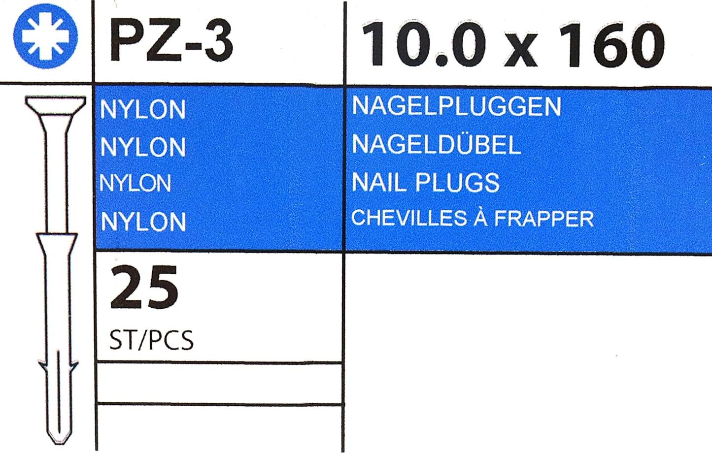 Design61 25x Nageldübel Dübel 10 x 160 mm mit gehärtetem Senkkopf Nagel PZ3 Kreuzschlitz Nylon Schlagdübel für Beton Stein Vollziegel Schnellmontage für Innen & Außen